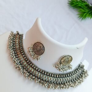 Oxidized Silver Ghungroo Choker Necklace Set with Jhumka Earrings