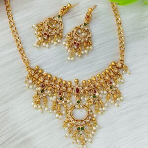 Antique Gold Choker Necklace Set with Ruby & Emerald Accents