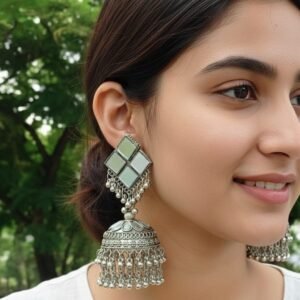 Oxidized Silver Mirror-Work Long Jhumka Earrings