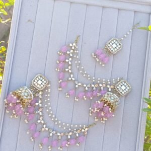 Mirror-Work Jhumka Set with Lilac Beads & Pearl Sahara