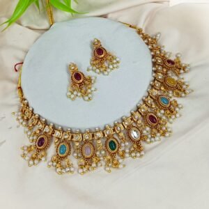 Product Name: Antique Gold-Plated Multi-Color Stone Choker Necklace Set