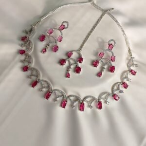 Ruby Pink Crystal Silver-Plated Bridal Necklace Set
