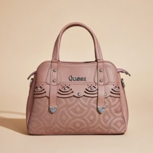 Guess Lawndale satchel bag in a mauve/pink color with a monogram pattern and laser-cut details.