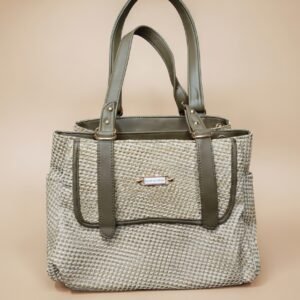 beige and olive green patterned tote bag.