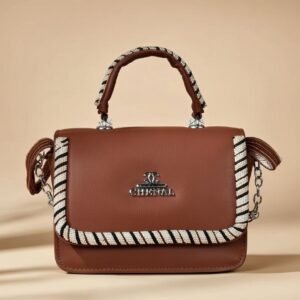 small brown PU leather top-handle crossbody bag with a rope-style trim and handle.