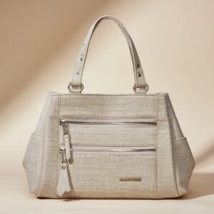 beige fabric satchel handbag.