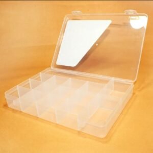 clear, plastic storage organizer with adjustable compartments.