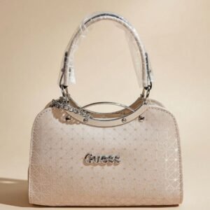 Guess Canaria mid-size satchel crossbody bag in a stone (beige) color and faux pebbled leather material.