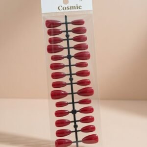 ed glossy almond-shaped press-on nails.