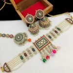 Multicolor Navratna Pearl Choker Set with Jhumka Earrings