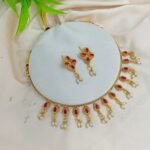 Elegant Ruby Red Stone & Pearl Drop Gold-Plated Necklace Set with Matching Earrings