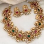 Title: Traditional Antique Gold-Plated Elephant Motif Necklace Set with Ruby & Emerald Accents