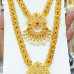 Traditional Matte Gold Long Haram Necklace Set with Ruby & Emerald Accents