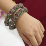 Oxidized Silver Filigree Bangles with Ruby and Emerald Stones