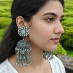Oxidized Silver Mirror-Work Long Jhumka Earrings