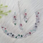 bridal jewelry set features a multi-color American Diamond necklace