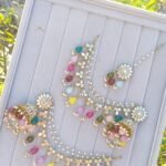 multicolor kundan dangler earring and maang tikka set