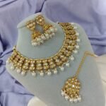 Indian Traditional Kundan Choker Set includes a gold-plated necklace