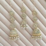 Traditional Indian Kundan & Pearl Tikka and Jhumka Earring Set