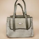 beige and olive green patterned tote bag.