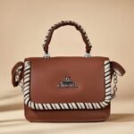 small brown PU leather top-handle crossbody bag with a rope-style trim and handle.