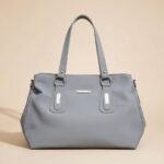 grey solid color tote handbag.