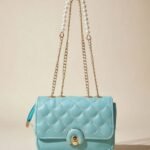 Turquoise Quilted Mini Flap Bag with Pearl Chain Strap