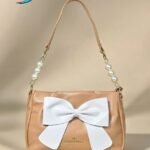 Chrisbella Beige Bow Pearl Chain Shoulder Bag
