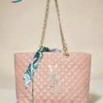 Premium Peach Diamond-Quilted Tote Bag with Elegant Scarf
